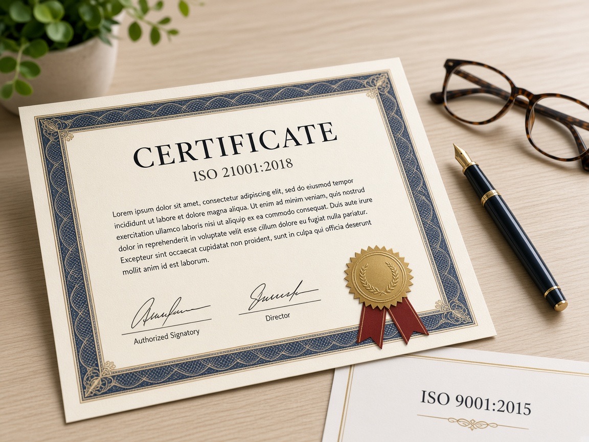 ISO 21001:2018 and ISO 9001:2015 certificates with a gold seal on an office desk
