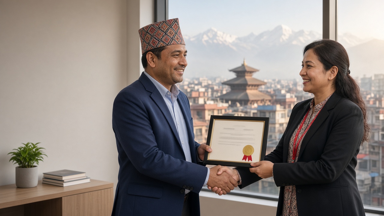 Business owner in a Dhaka topi receiving an ISO certificate from an auditor in Kathmandu
